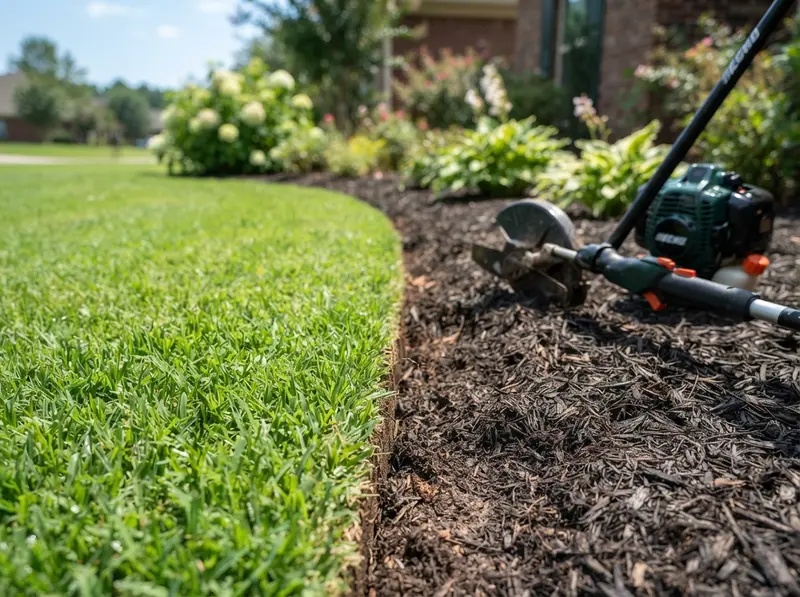 Clean turf edge bordering garden mulch Clean turf edge bordering garden mulch
